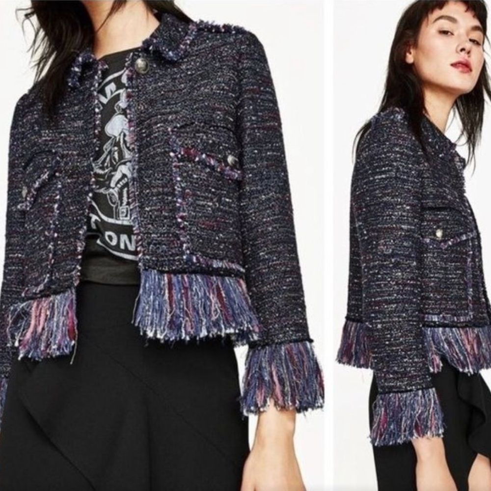 Zara tweed fringe blue pink fun dressy women Blazer suit jacket size small EUC